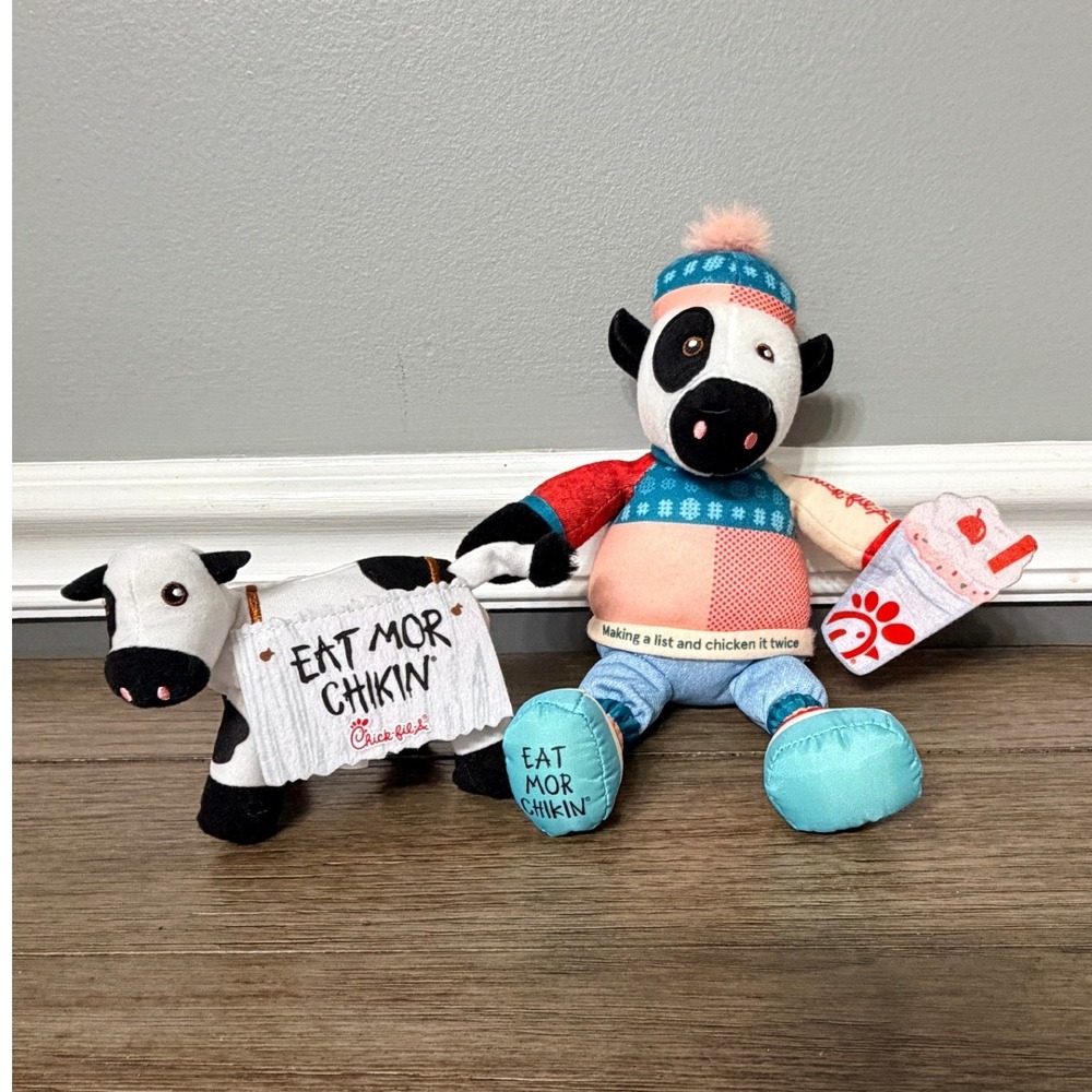 Chick-fil-A Eat Mor Chikin Plush Cow Set Holiday Sweater & Classic Mascot